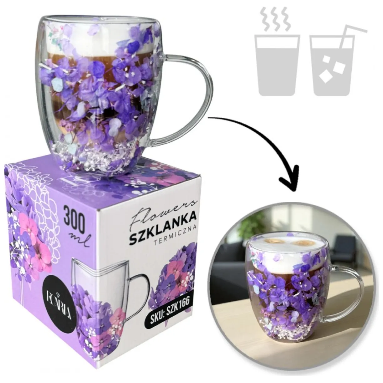 Szklanka termiczna z kwiatami w środku, gipsówka hortensje 300 ml 1szt SZK166