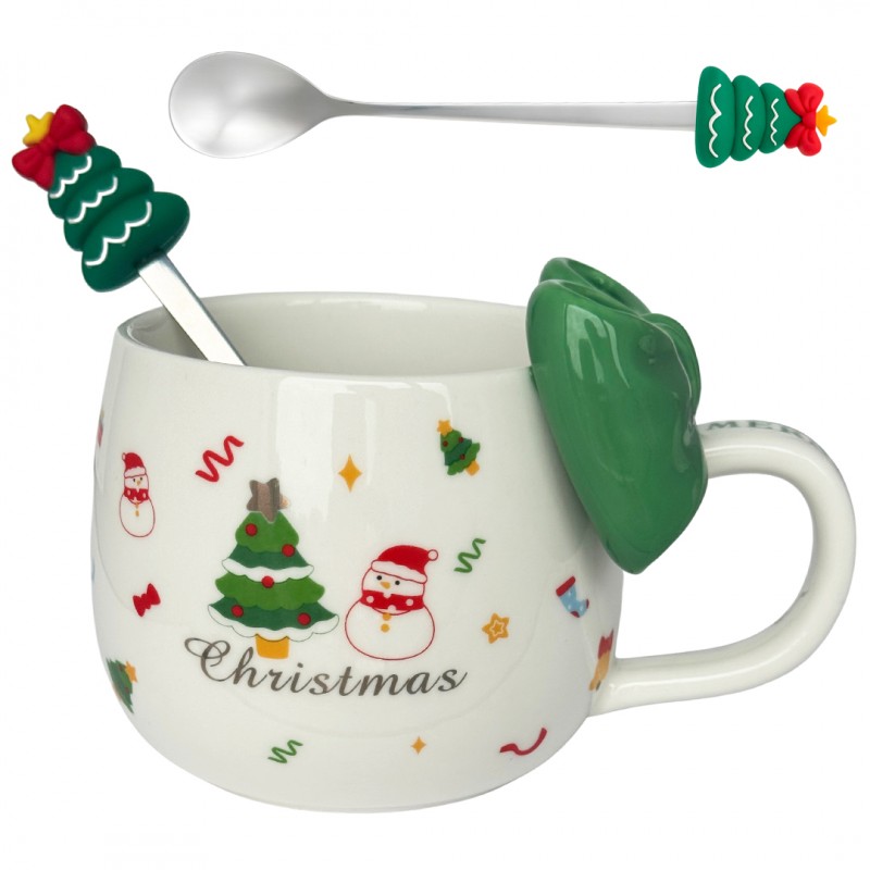 KUBEK ŚWIĄTECZNY Z KOKARDĄ - zestaw w pudełku z łyżeczką 400 ml KB25ZIE - obrazek 2