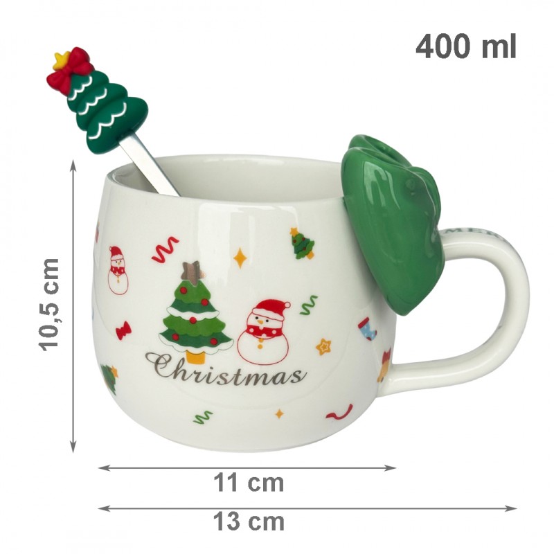 KUBEK ŚWIĄTECZNY Z KOKARDĄ - zestaw w pudełku z łyżeczką 400 ml KB25ZIE - obrazek 3