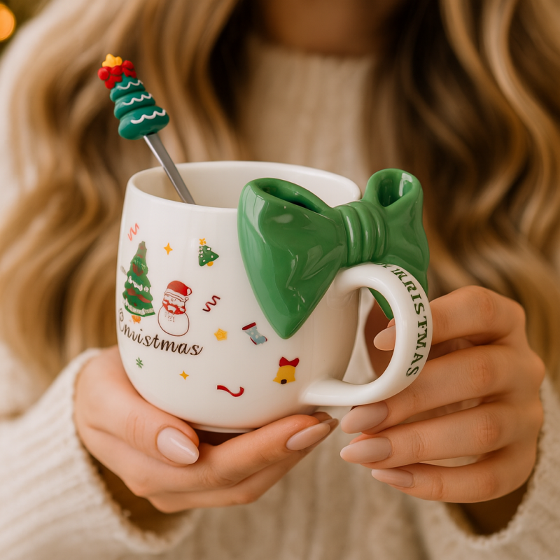 KUBEK ŚWIĄTECZNY Z KOKARDĄ - zestaw w pudełku z łyżeczką 400 ml KB25ZIE - obrazek 8