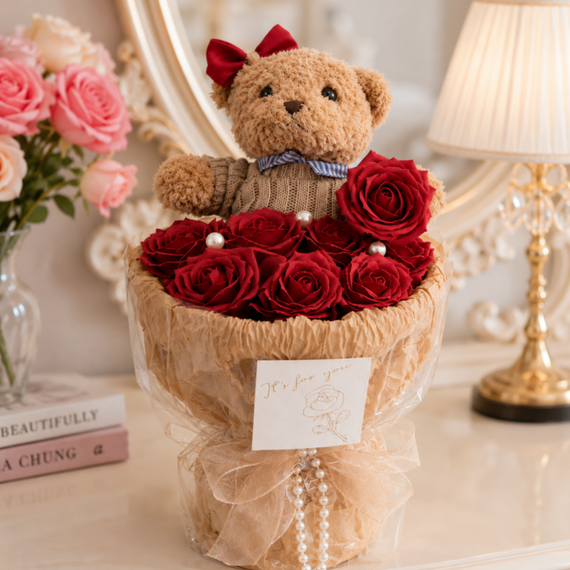 Flower box, bukiet zapachowych kwiatów mydlanych z MISIEM 8szt. BUK31CZE - obrazek 2