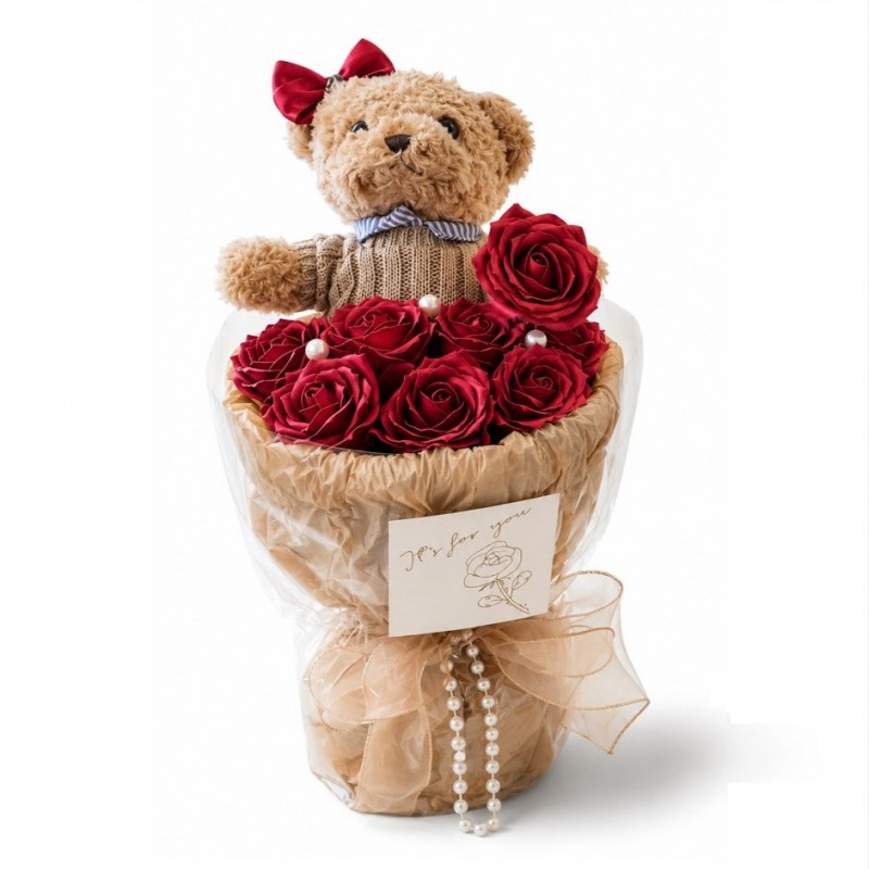 Flower box, bukiet zapachowych kwiatów mydlanych z MISIEM 8szt. BUK31CZE