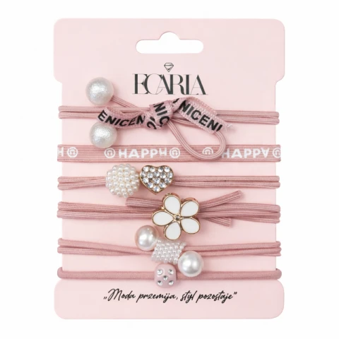 Zestaw frotek gumek 6w1 na plakietce HAPPY, różowe kokardki, cyrkonie GUM180