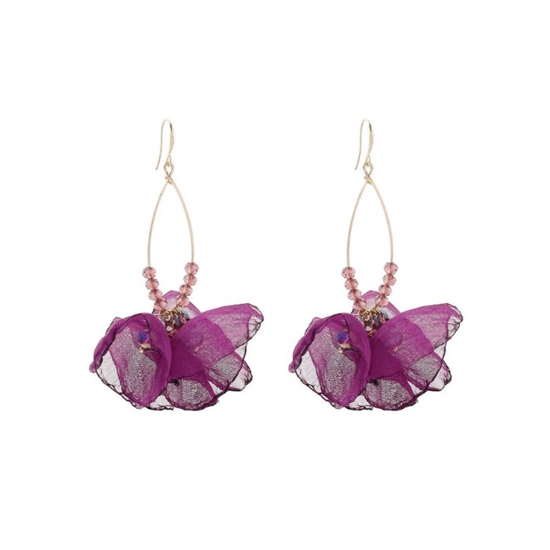 Kolczyki wiszące, efektowne tiulowe z koralikami fioletowe K1701 - obrazek 2