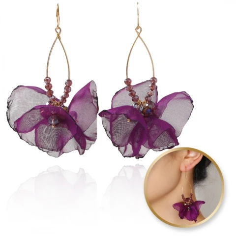 Kolczyki wiszące, efektowne tiulowe z koralikami fioletowe K1701