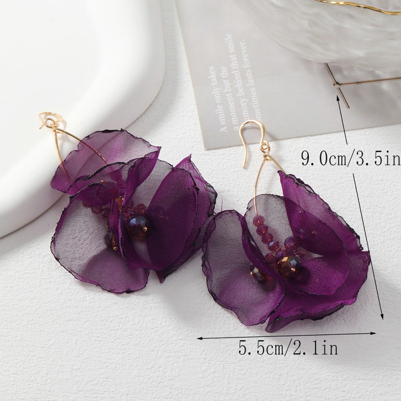 Kolczyki wiszące, efektowne tiulowe z koralikami fioletowe K1701 - obrazek 6