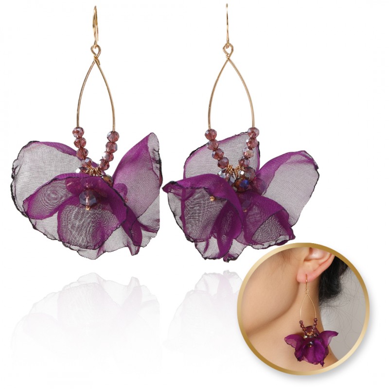 Kolczyki wiszące, efektowne tiulowe z koralikami fioletowe K1701