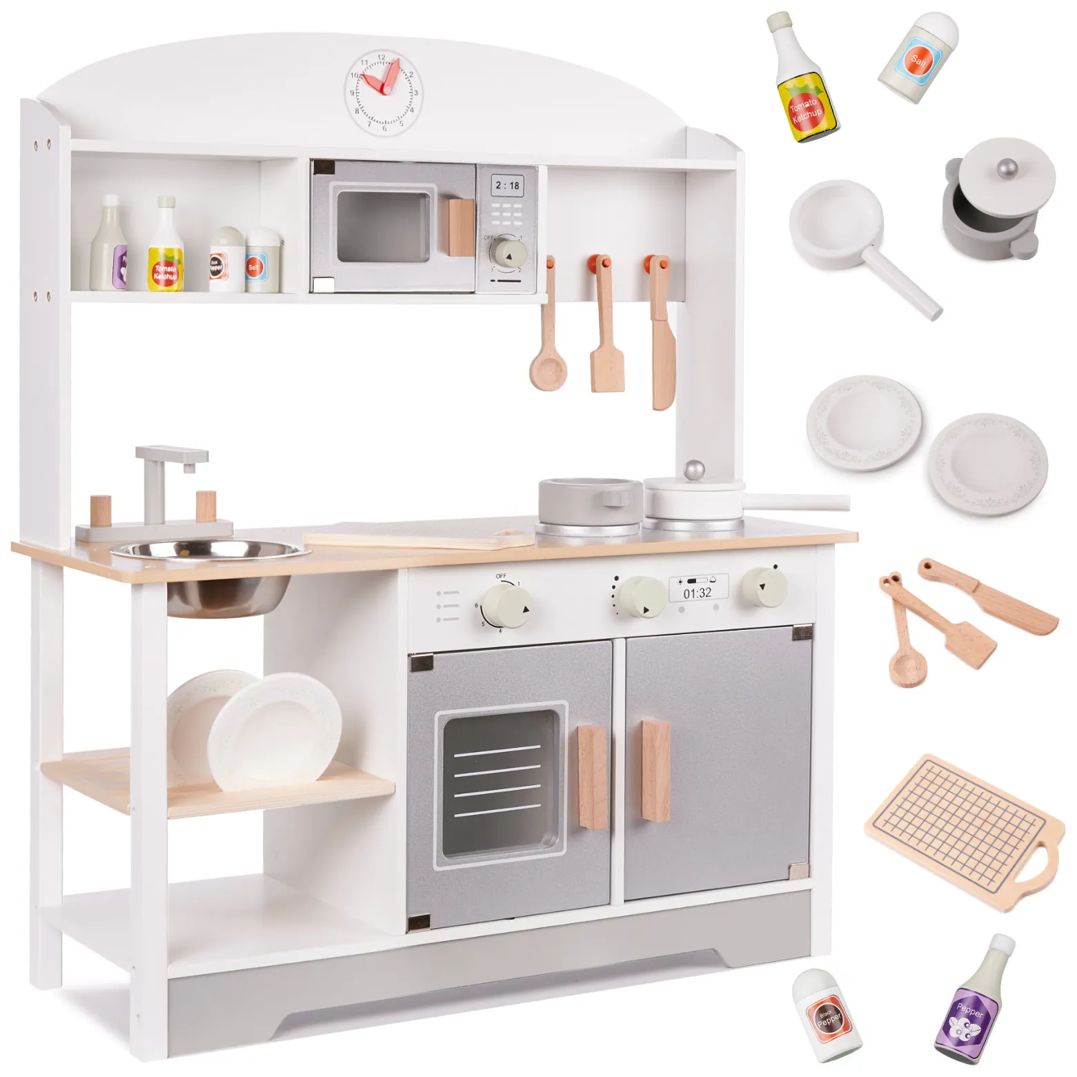 Kuchnia dla dzieci drewniana MDF MODERN CLASSIC akcesoria 82cm szara