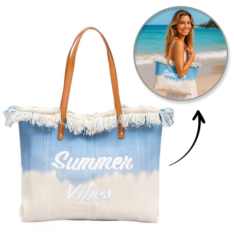 TORBA PLAŻOWA, Wakacyjna BOHO Z frędzlami niebieska ombre, na zakupy TP14N