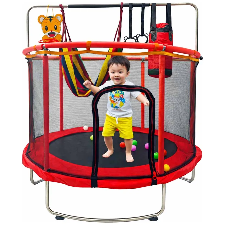 Trampolina ogrodowa dla dzieci z siatką i koszykówką 155 cm czerwona - obrazek 11