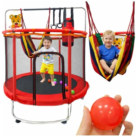 Trampolina dla dzieci ogrodowa siatka piłki koszykówka 155cm czerwona