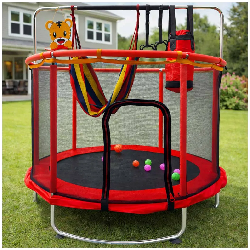 Trampolina ogrodowa dla dzieci z siatką i koszykówką 155 cm czerwona - obrazek 10