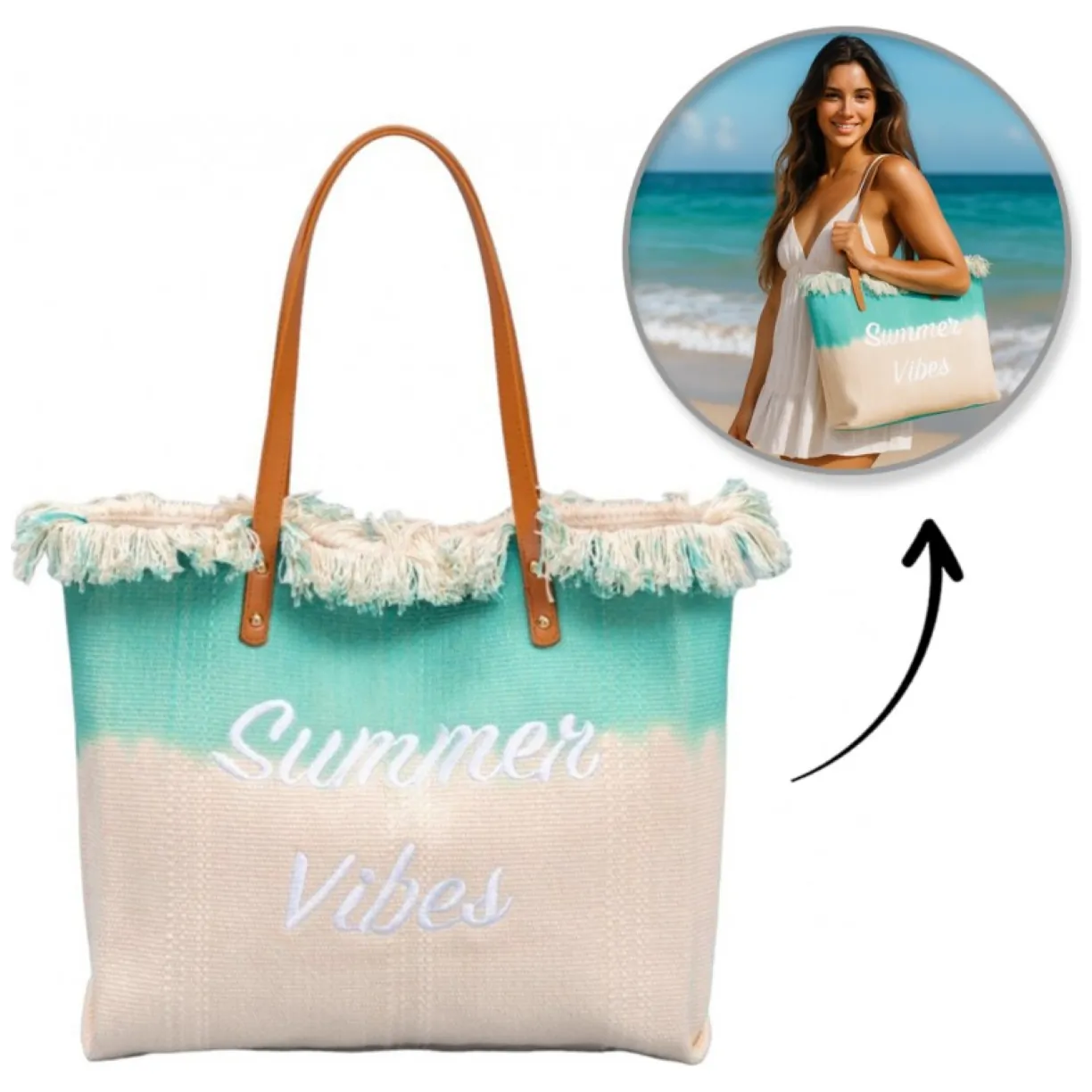 TORBA PLAŻOWA, Wakacyjna BOHO Z frędzlami zielona ombre, na zakupy TP14ZIE