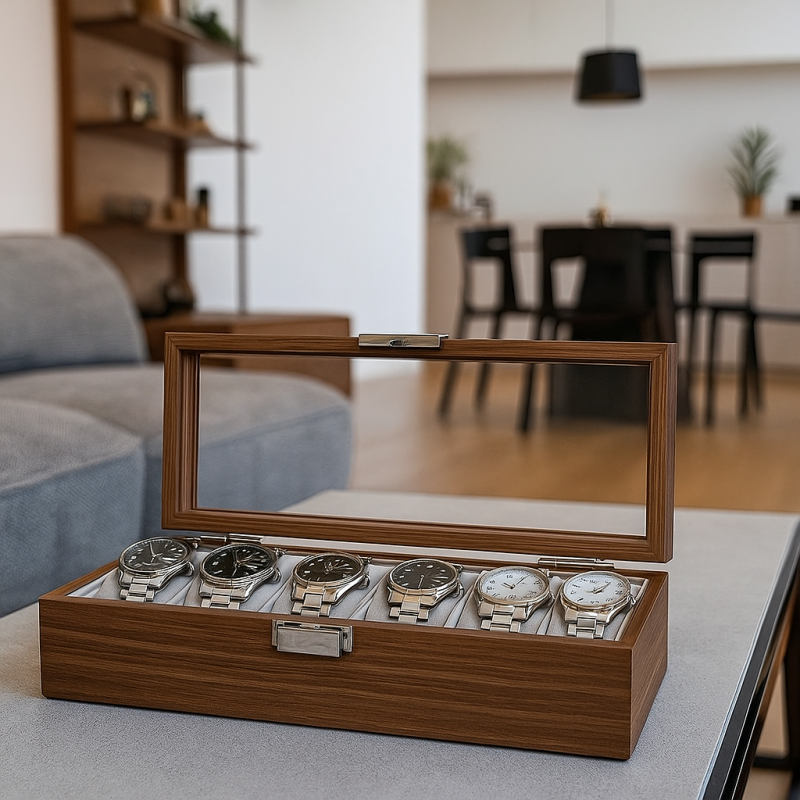 Szkatułka na 6 zegarków, etui, organizer zamykany ze szkłem 31x12x7,5cm PDMDF04 - obrazek 2