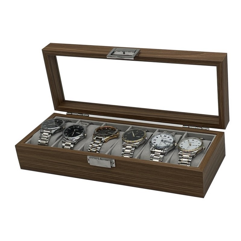 Szkatułka na 6 zegarków, etui, organizer zamykany ze szkłem 31x12x7,5cm PDMDF04 - obrazek 3