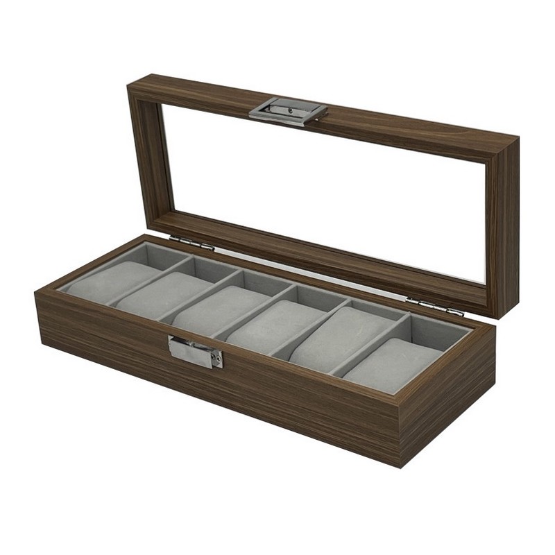 Szkatułka na 6 zegarków, etui, organizer zamykany ze szkłem 31x12x7,5cm PDMDF04 - obrazek 6