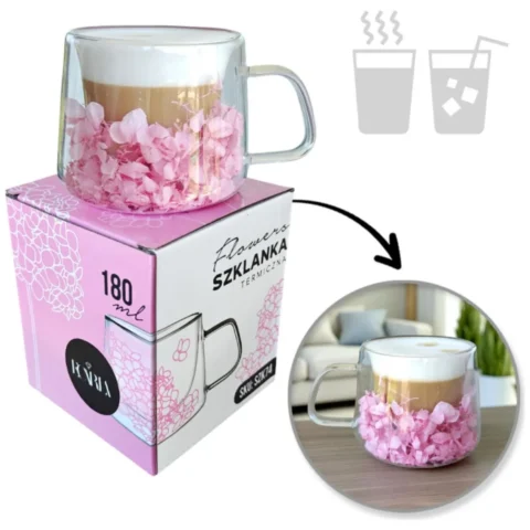 Szklanka termiczna z hortensją w środku jasny róż 180 ml 1szt SZK74
