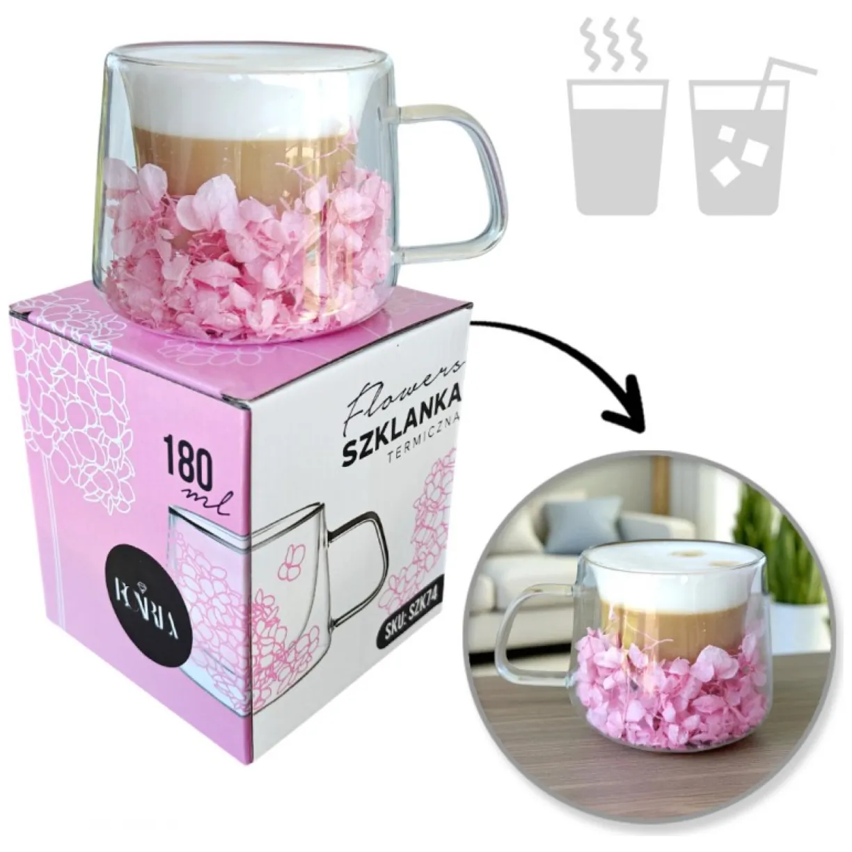 Szklanka termiczna z hortensją w środku jasny róż 180 ml 1szt SZK74