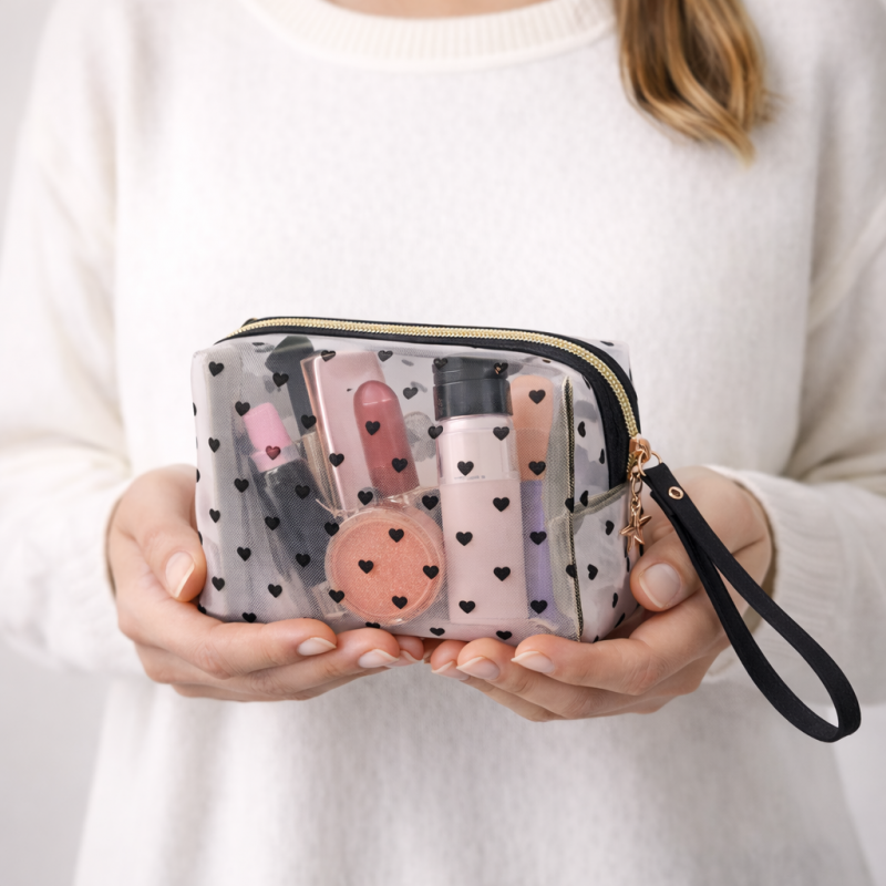 Kosmetyczka damska transparentna czarne serca 12x18x8cm KS126 - obrazek 3