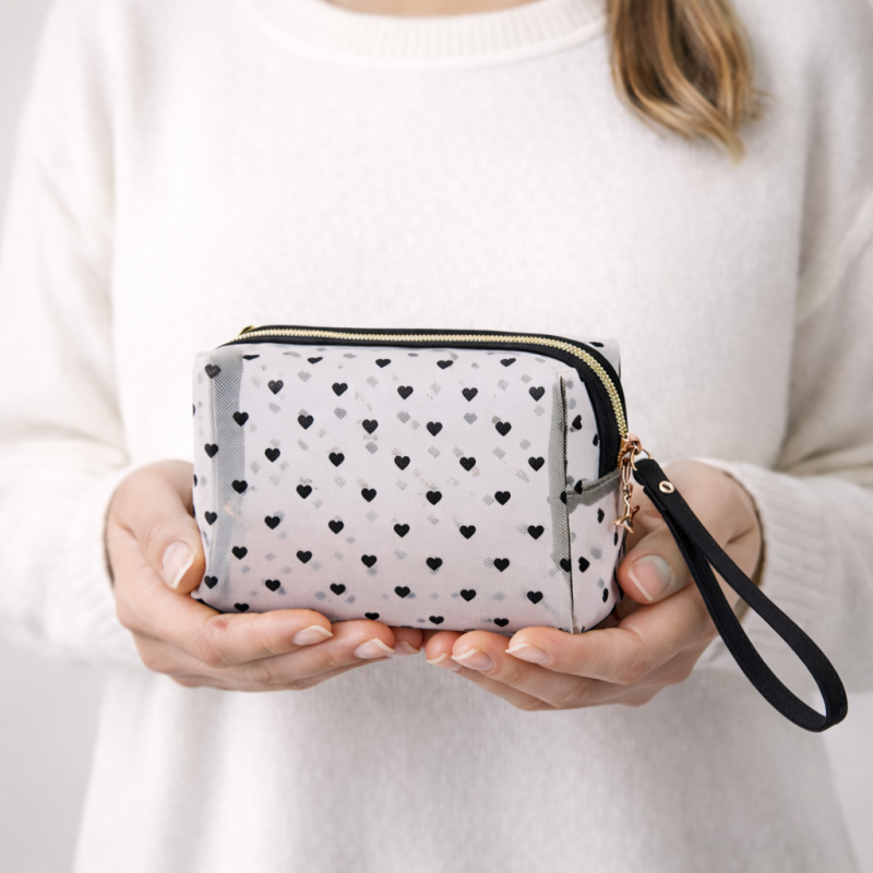 Kosmetyczka damska transparentna czarne serca 12x18x8cm KS126 - obrazek 6