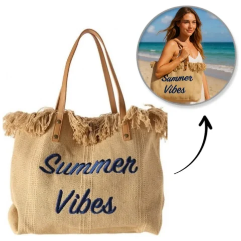 Duża materiałowa torba plażowa boho z frędzlami, brązowa 50x36 cm