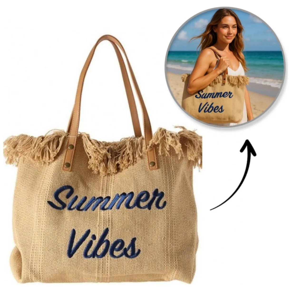 Duża materiałowa torba plażowa boho z frędzlami, brązowa 50x36 cm