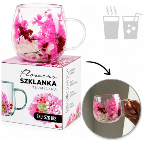 Szklanka termiczna z kwiatami w środku, gipsówka hortensje róż 300 ml 1szt SZK182