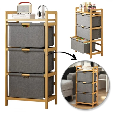 Bambusowy regał, szafka z materiałowymi szufladami 32 x 45 x 96cm SZ43