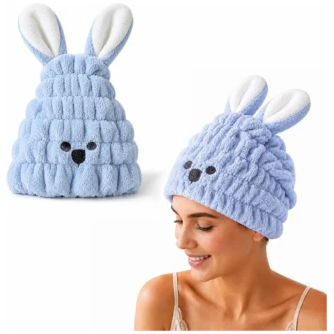 Ręcznik turban do włosów, szybkoschnący - niebieski króliczek