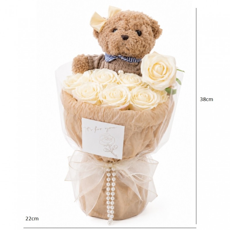 Flower box, bukiet zapachowych kwiatów mydlanych z MISIEM 8szt. BUK31B - obrazek 3