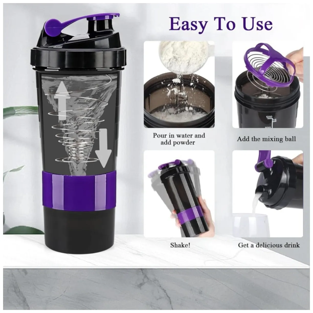 Shaker sportowy, bidon Twist Off do odżywki białkowej z sitkiem 500ML BD55FIO - obrazek 2