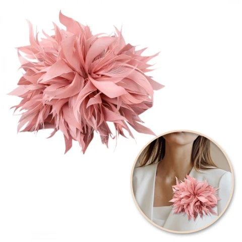 Broszka ozdobna, spinka do włosów 2w1 pióra pudrowy róż BZ207R