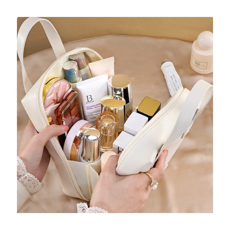 Kosmetyczka organizer na kosmetyki z rączką 17x7x19cm kremowa KS128B - obrazek 2