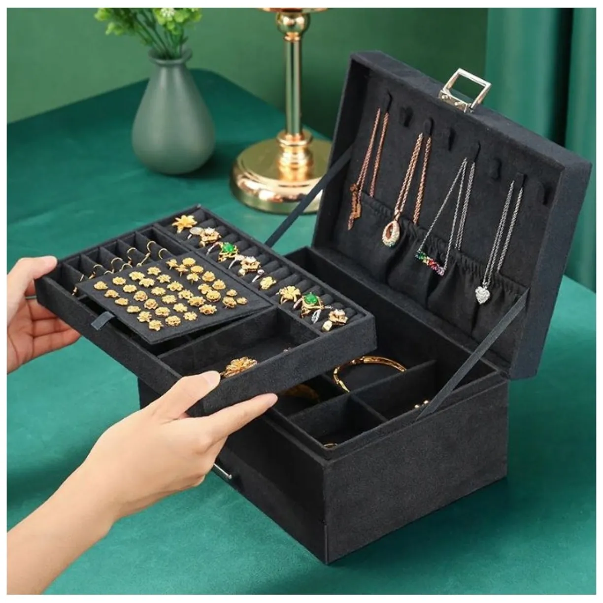 Szkatułka na biżuterię kuferek etui organizer czerń PD119CZ - obrazek 6