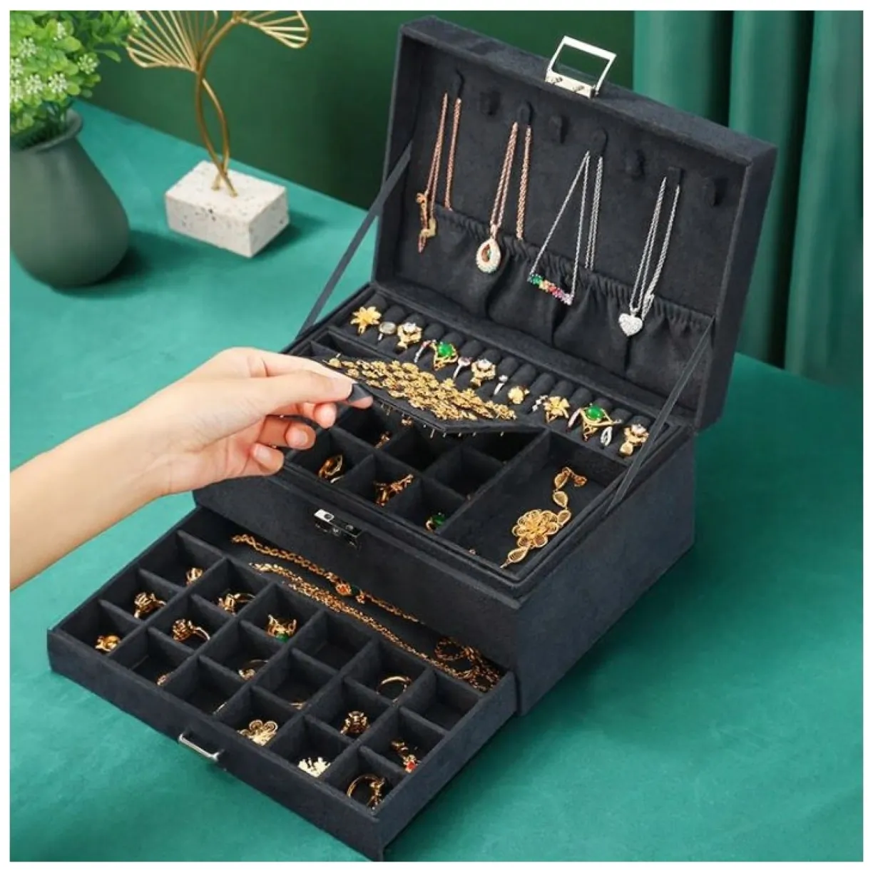 Szkatułka na biżuterię kuferek etui organizer czerń PD119CZ - obrazek 7