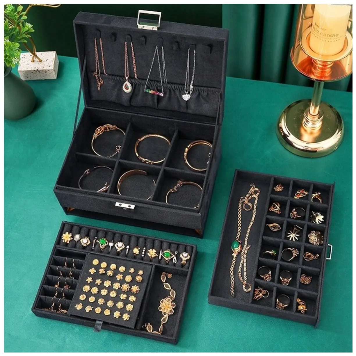 Szkatułka na biżuterię kuferek etui organizer czerń PD119CZ - obrazek 8