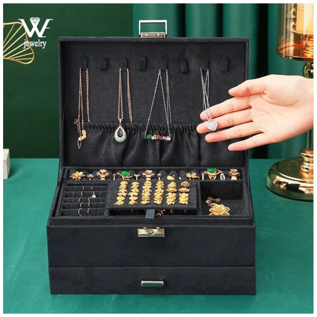 Szkatułka na biżuterię kuferek etui organizer czerń PD119CZ - obrazek 9