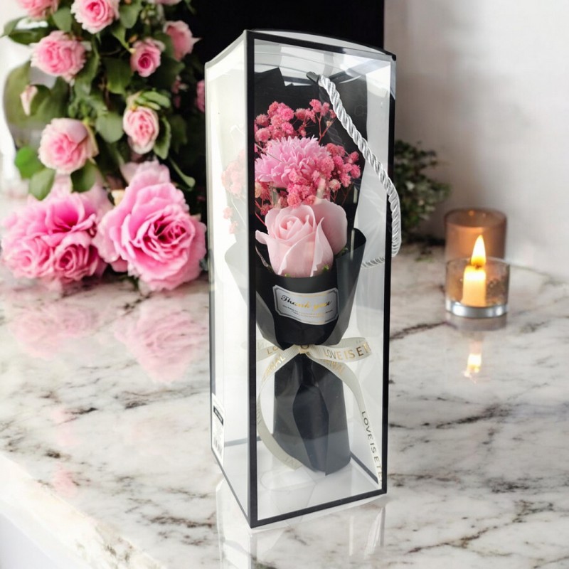 Bukiet zapachowych kwiatów mydlanych w pudełku, róże na prezent, świecące LED BUK08 - obrazek 2