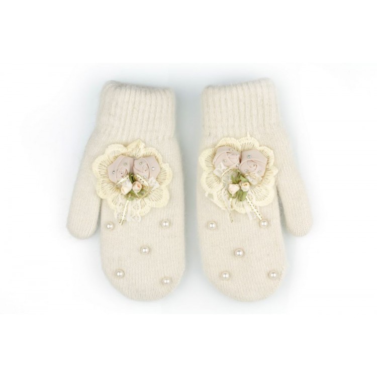 RĘKAWICZKI CUTE KWIATY I PEREŁKI KREMOWE REK130 - obrazek 3