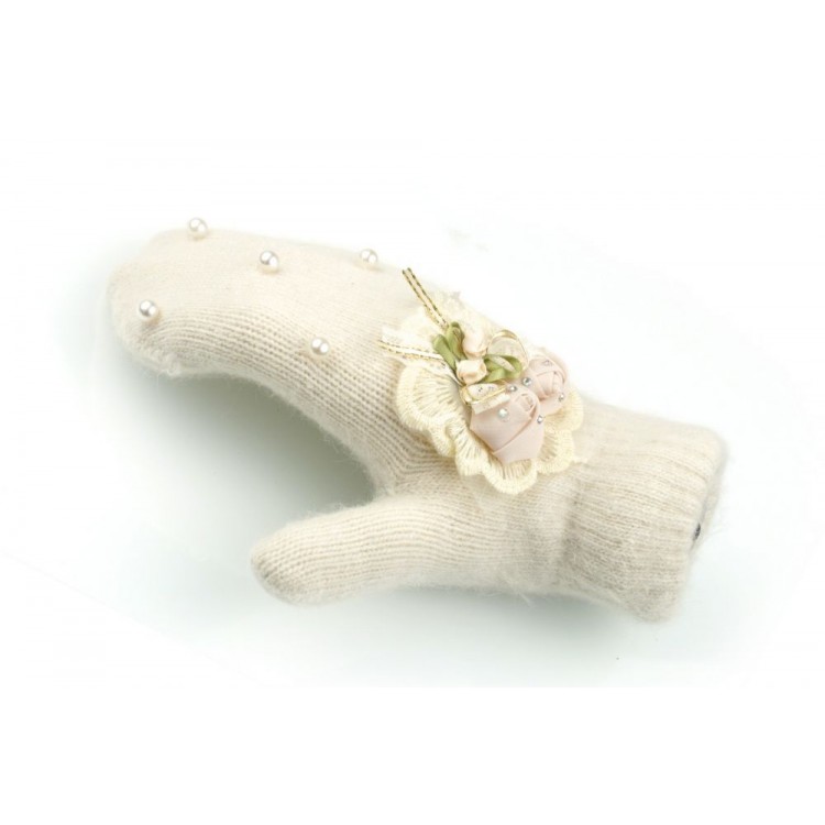 RĘKAWICZKI CUTE KWIATY I PEREŁKI KREMOWE REK130 - obrazek 5