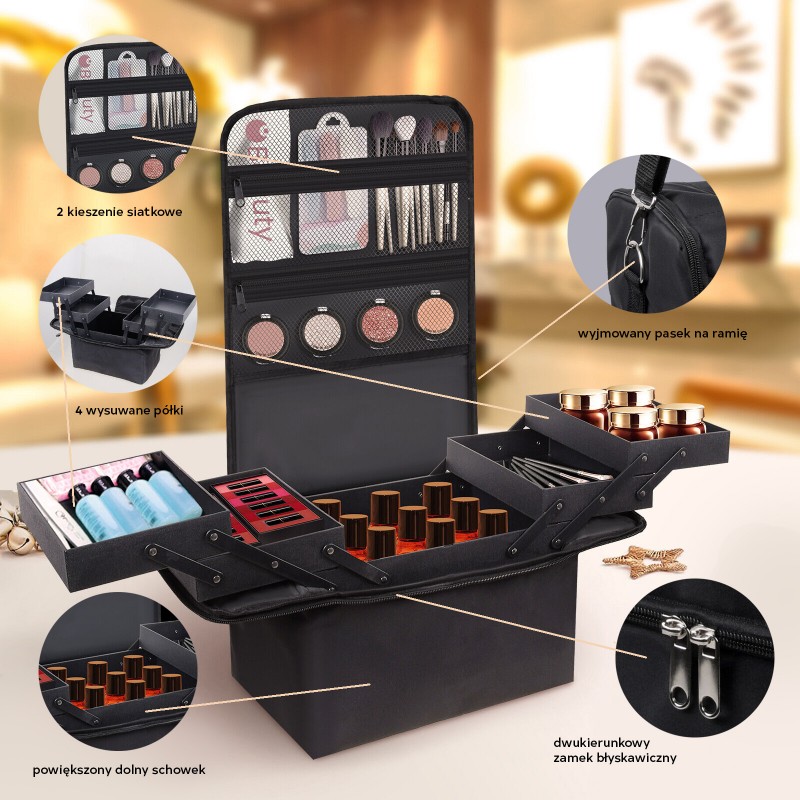 Czarna kosmetyczka rozkładana elegancki kuferek organizer na kosmetyki przenośna 25x28x20cm CB45 - obrazek 2