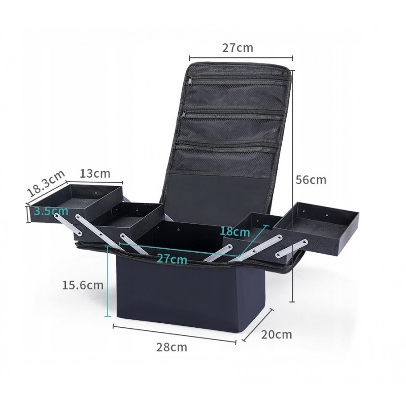 Czarna kosmetyczka rozkładana elegancki kuferek organizer na kosmetyki przenośna 25x28x20cm CB45 - obrazek 3