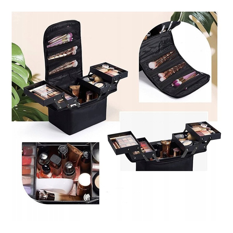 Czarna kosmetyczka rozkładana elegancki kuferek organizer na kosmetyki przenośna 25x28x20cm CB45 - obrazek 5