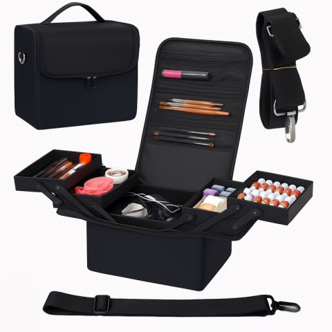 Czarna kosmetyczka rozkładana elegancki kuferek organizer na kosmetyki przenośna 25x28x20cm CB45