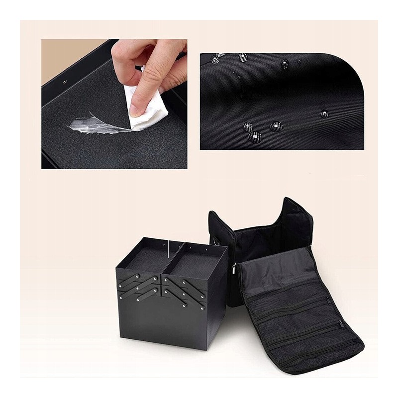 Czarna kosmetyczka rozkładana elegancki kuferek organizer na kosmetyki przenośna 25x28x20cm CB45 - obrazek 6