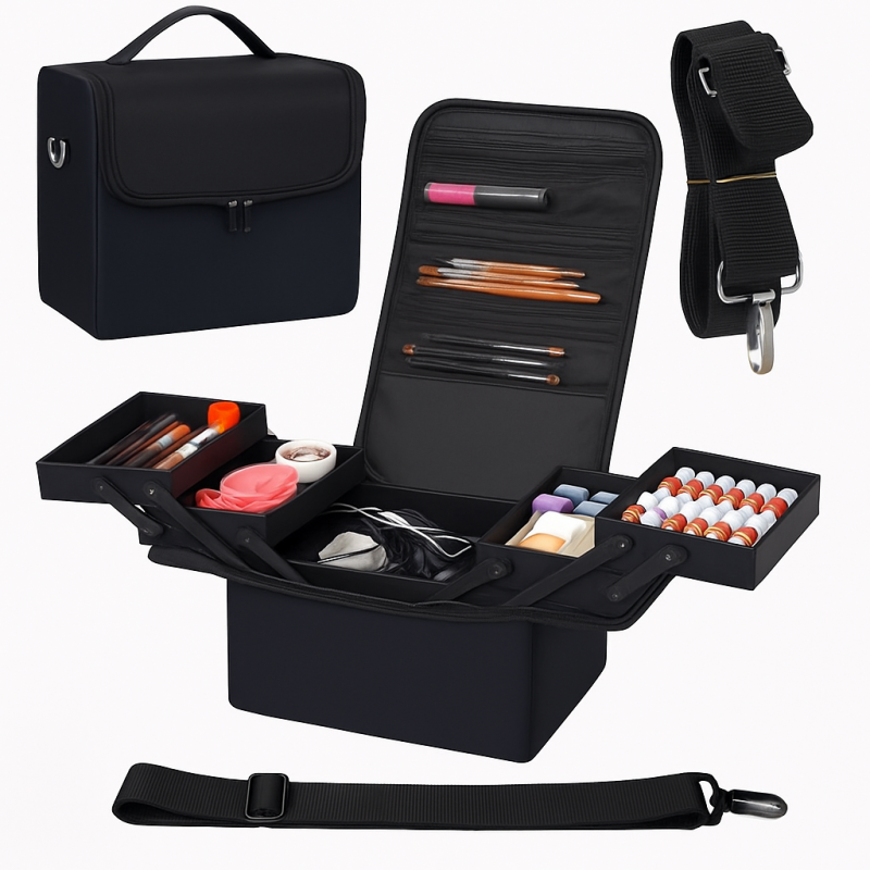 Czarna kosmetyczka rozkładana elegancki kuferek organizer na kosmetyki przenośna 25x28x20cm CB45