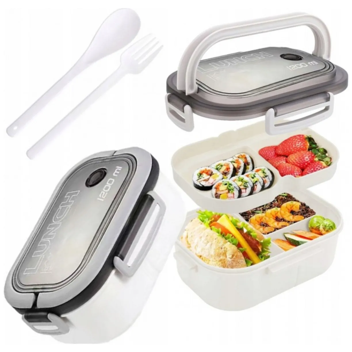 Śniadaniówka LUNCH BOX ze sztućcami 21 x 14,5 x 8cm biały PJM44B - obrazek 4