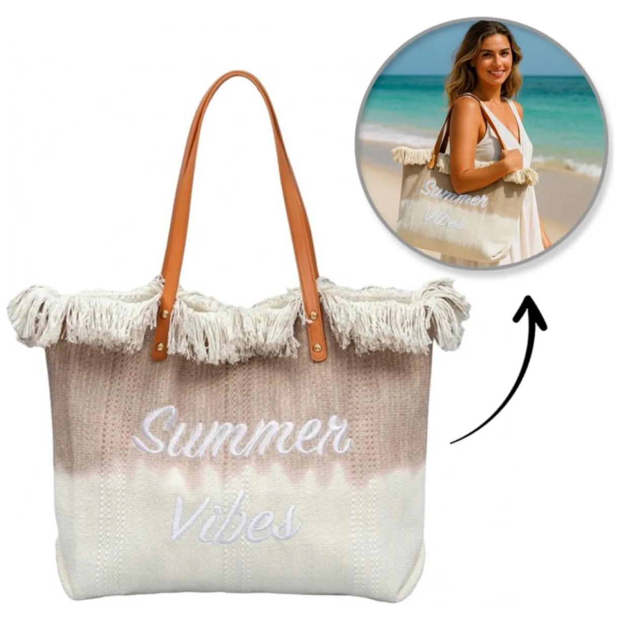 TORBA PLAŻOWA, wakacyjna BOHO Z frędzlami brązowa ombre, na zakupy TP14BR