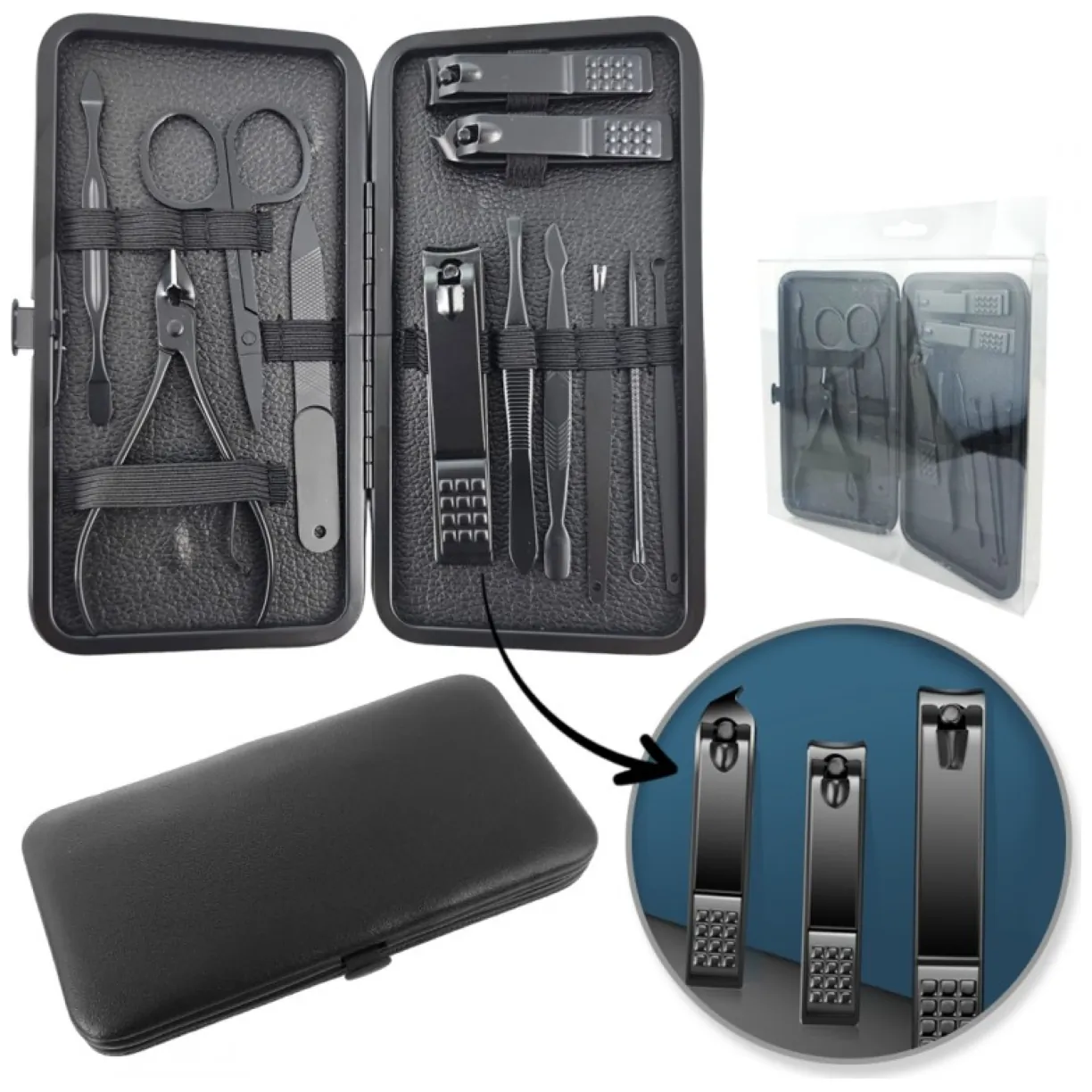 Zestaw akcesoriów do manicure, pedicure w etui, czarny 12w1 AK21