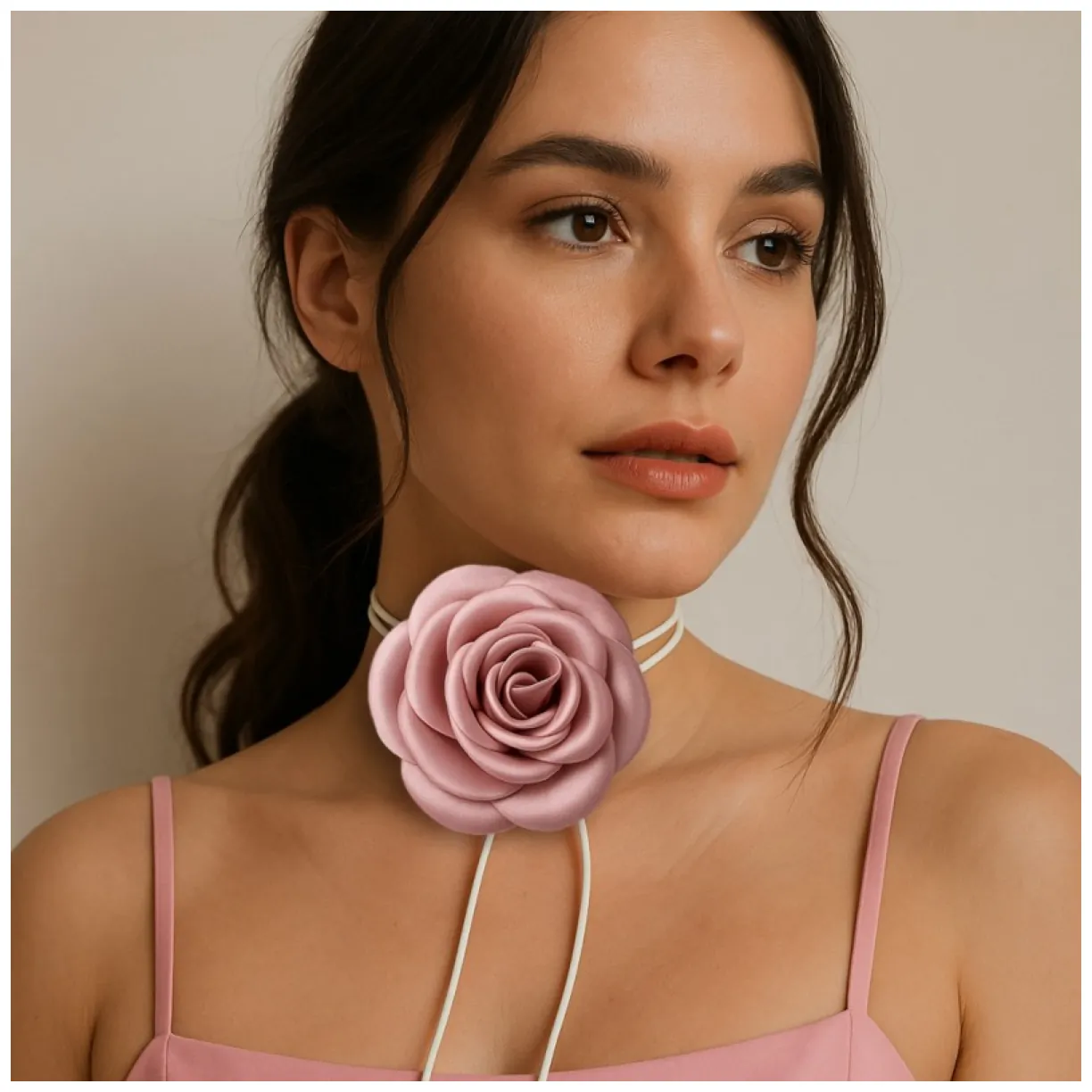 Naszyjnik choker XL ozdobny kwiat na szyję róża na rzemyku elegancka pudrowa N761R - obrazek 3